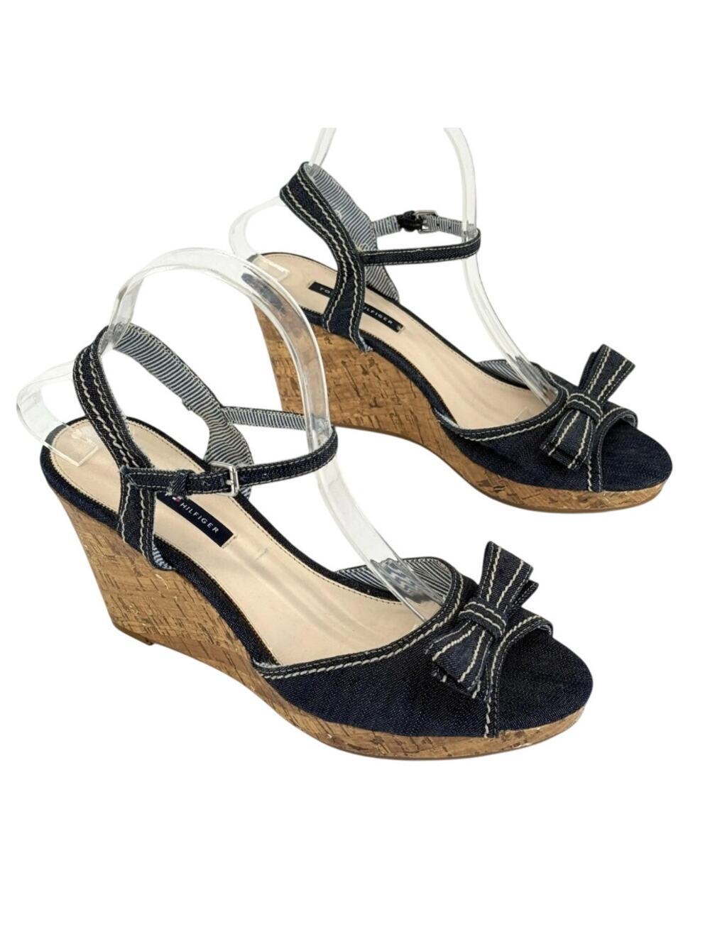 Tommy Hilfiger Navy Wedge Sandals with Cork Heel & Bow Detail - Size 8